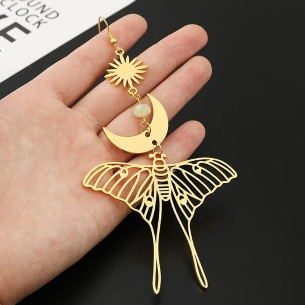 Gold Butterfly Moth & Sun Drop Statement Earrings Gothic Boho‎ Dangle Earrings